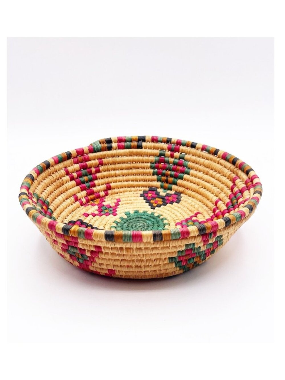 Hand Coiled Woven Basket Bowl Natural Fiber Colorful Geometric Boho 8”